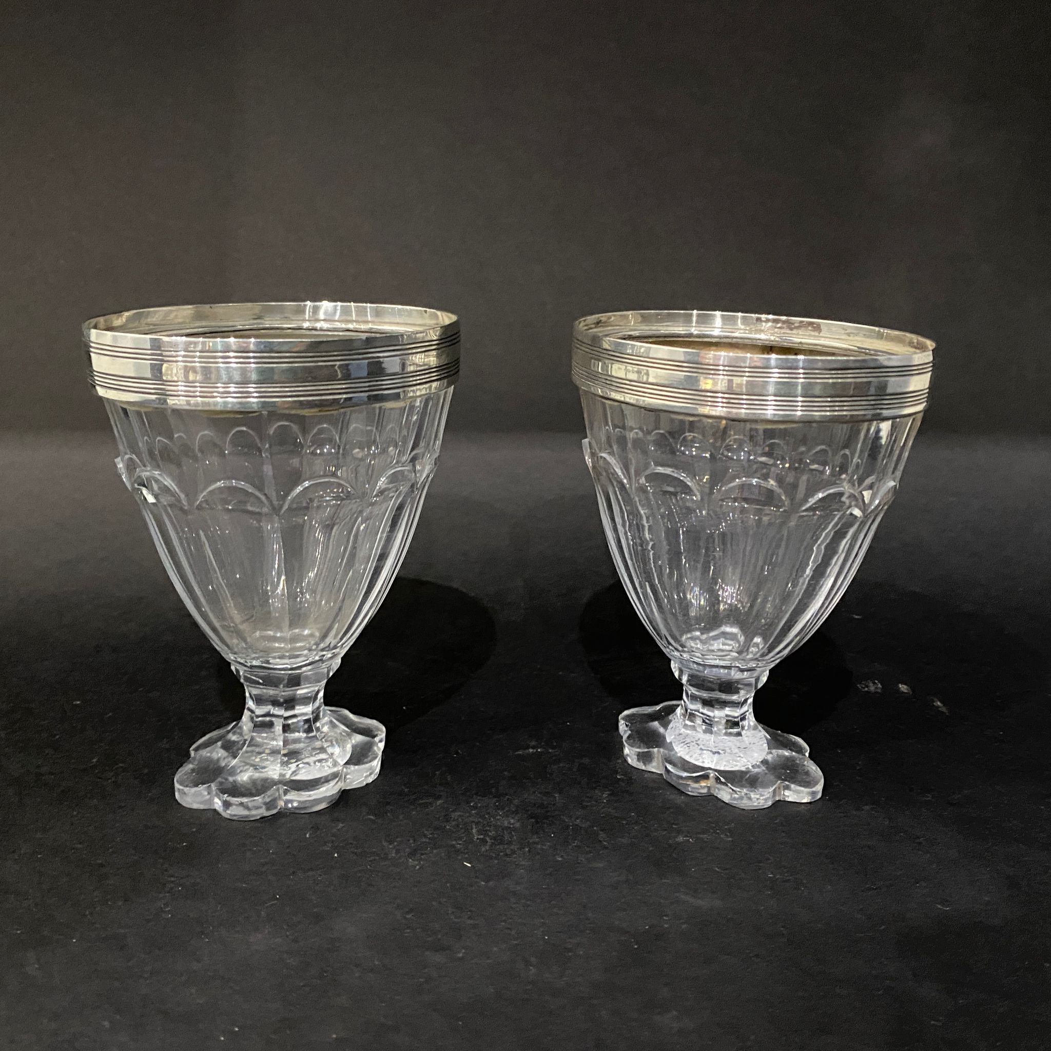 pair of georgian silver topped glass salts / condiments 