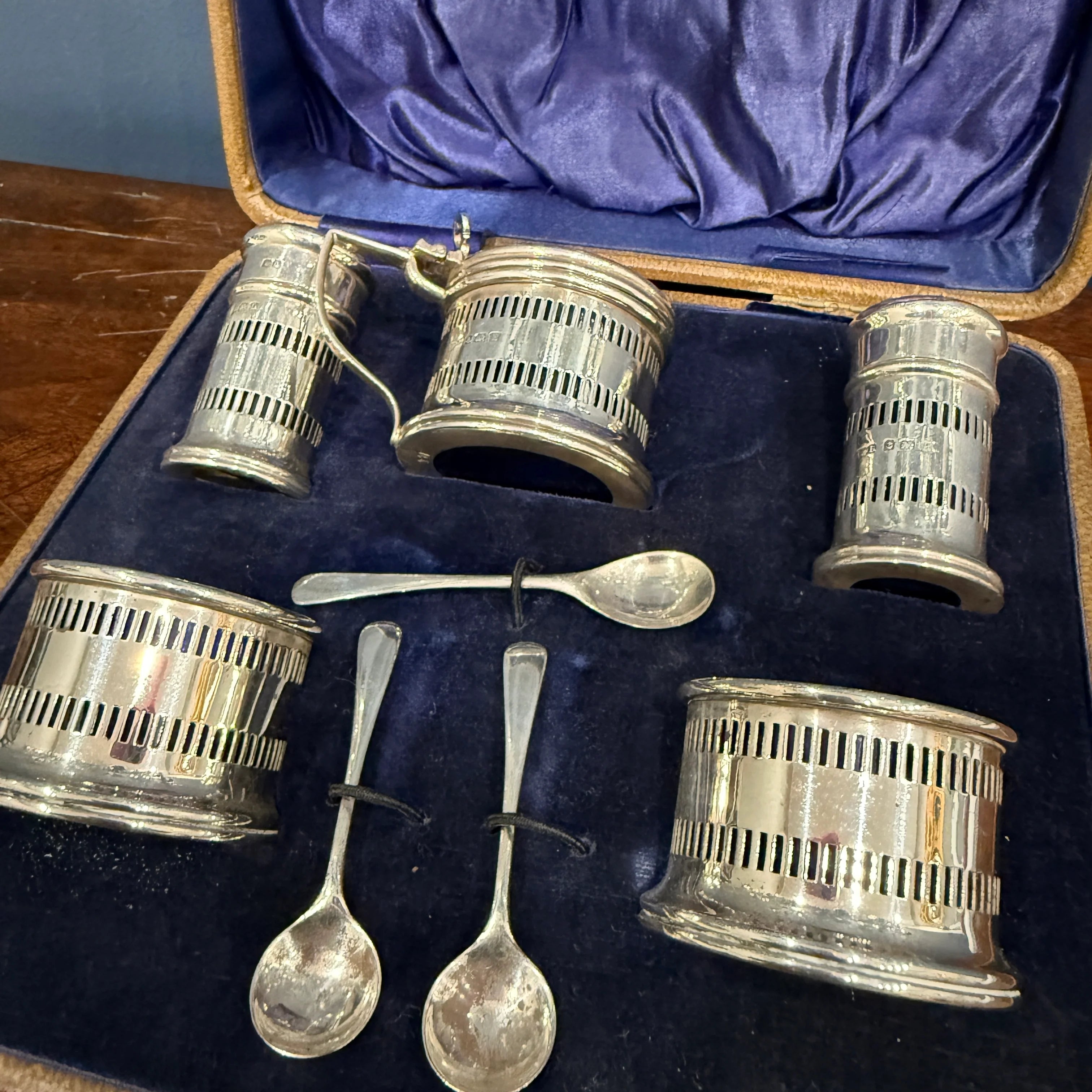 5 piece pierced silver cruet set