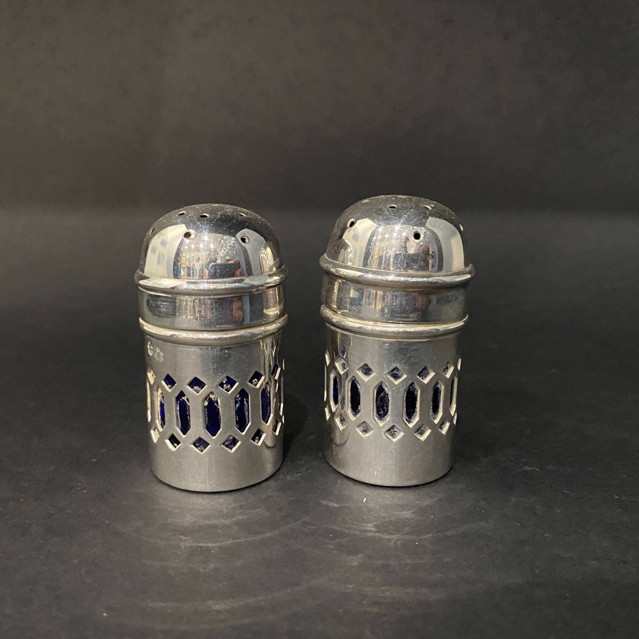 Pair of cylindrical Spanish silver salts with blue liners circa 1930