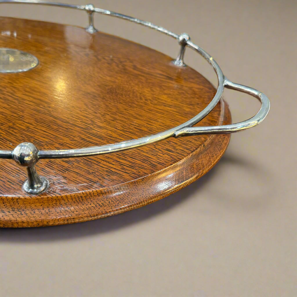 Oval oak tray with silver plate gallery & handle 