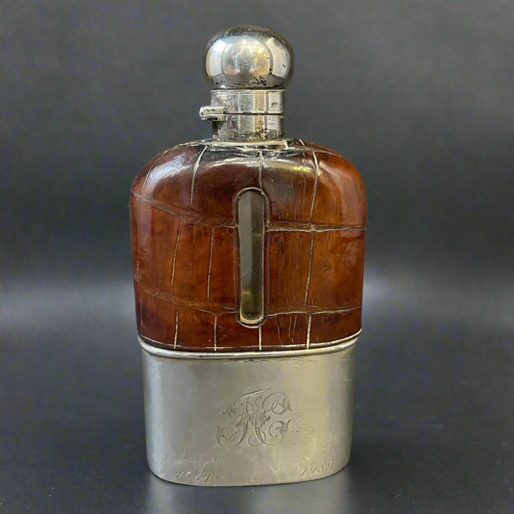 Silver and crocodile leather hip flask made in London 1898 by William Hutton and Son