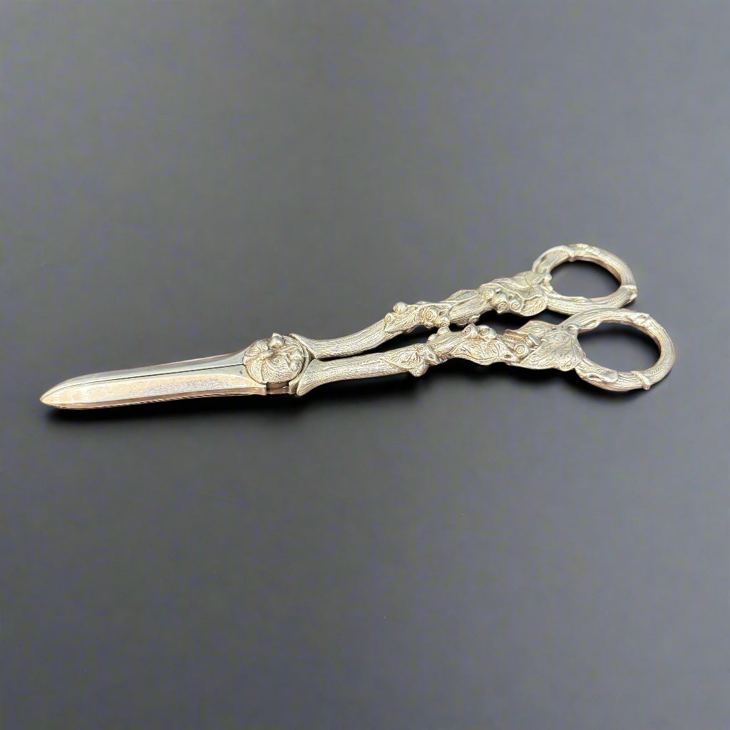 Heavy pair of ornate silver grape scissors with vine leaf decoration made in Birmingham 1864 by John Gilbert