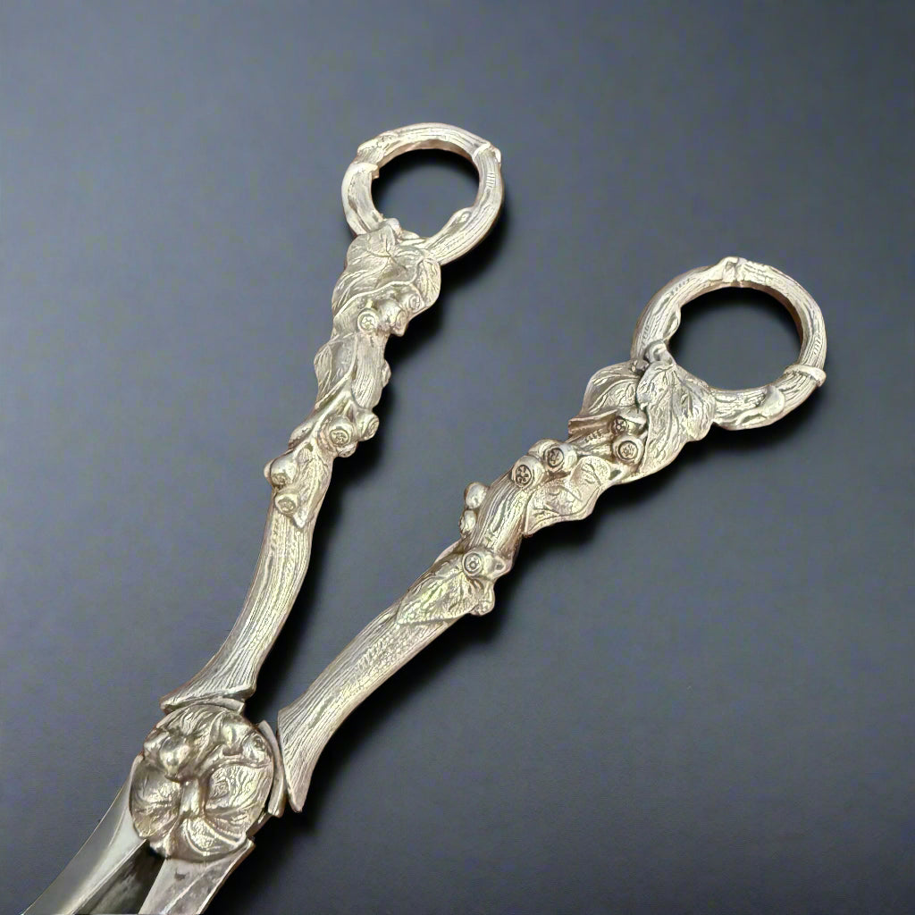 Heavy pair of ornate silver grape scissors with vine leaf decoration made in Birmingham 1864 by John Gilbert