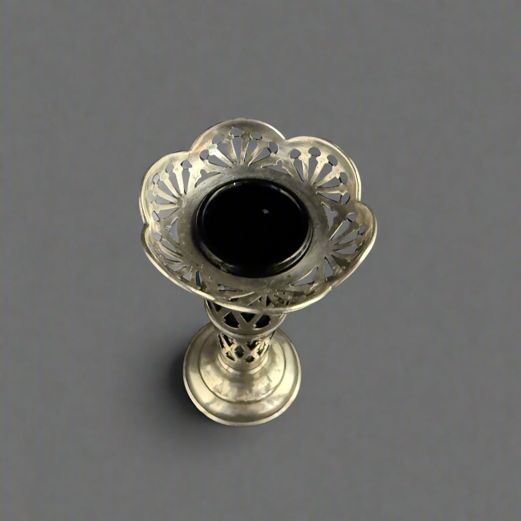 Pierced silver bud vase with blue lining made in Birmingham 1905 by Richard & Martin Hall