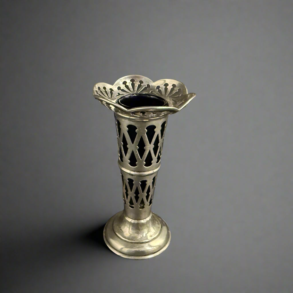 Pierced silver bud vase with blue lining made in Birmingham 1905 by Richard & Martin Hall