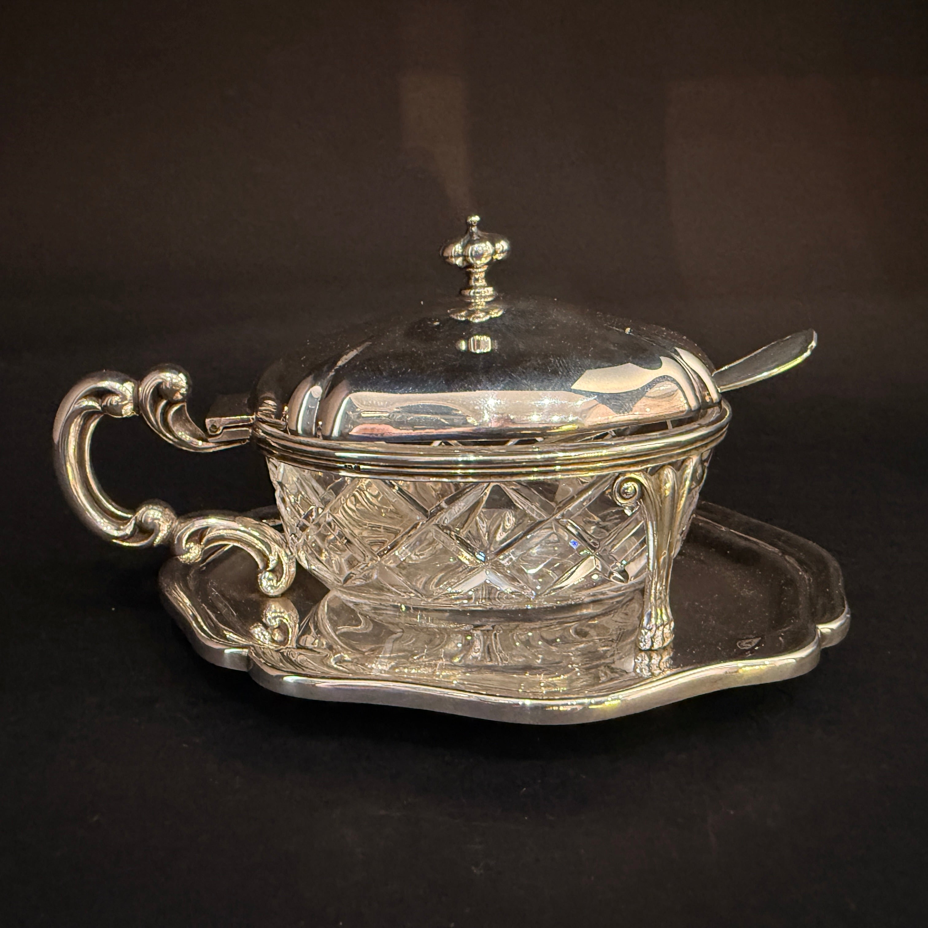 Modern jam pot with built in silver tray and spoon made in Birmingham 1996