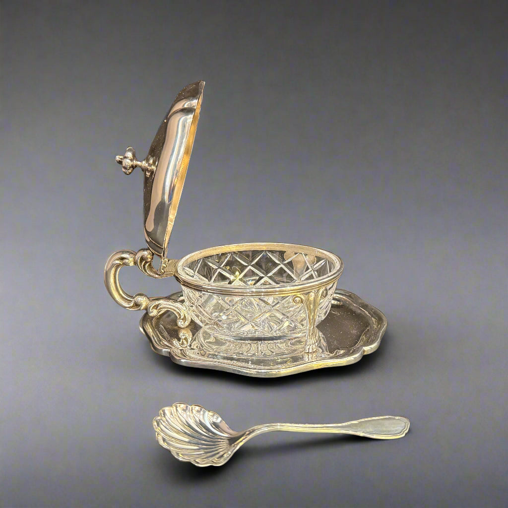 Modern jam pot with built in silver tray and spoon made in Birmingham 1996