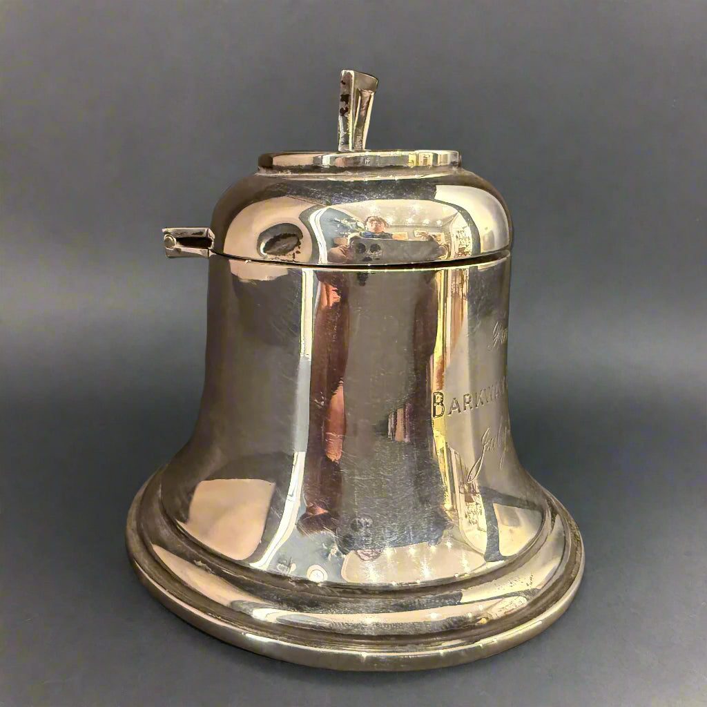 Silver bell-shaped inkwell wih glass liner made in Birmingham 1936