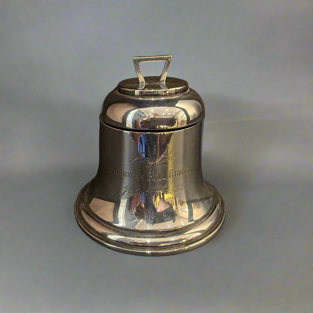Silver bell-shaped inkwell wih glass liner made in Birmingham 1936