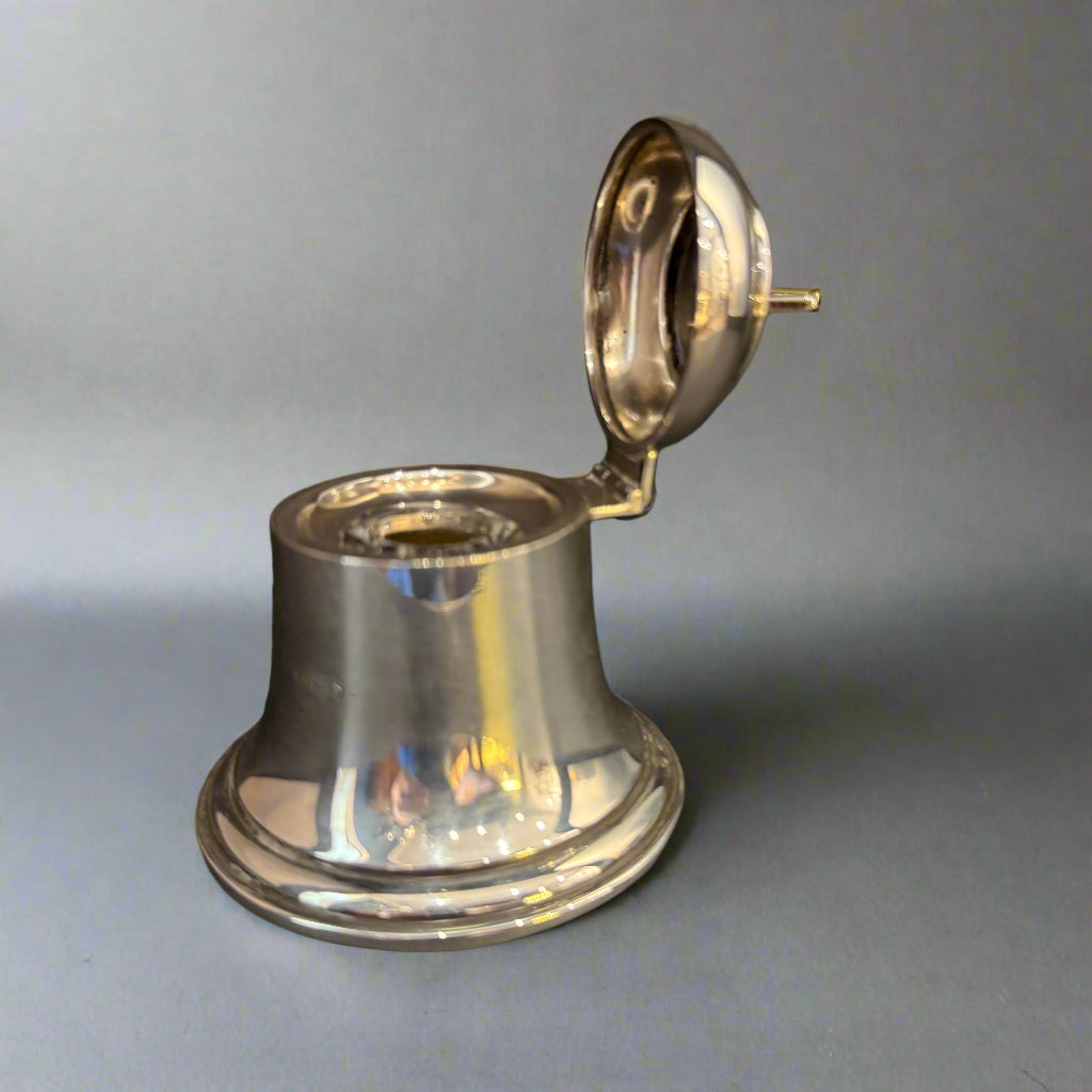 Silver bell-shaped inkwell wih glass liner made in Birmingham 1936