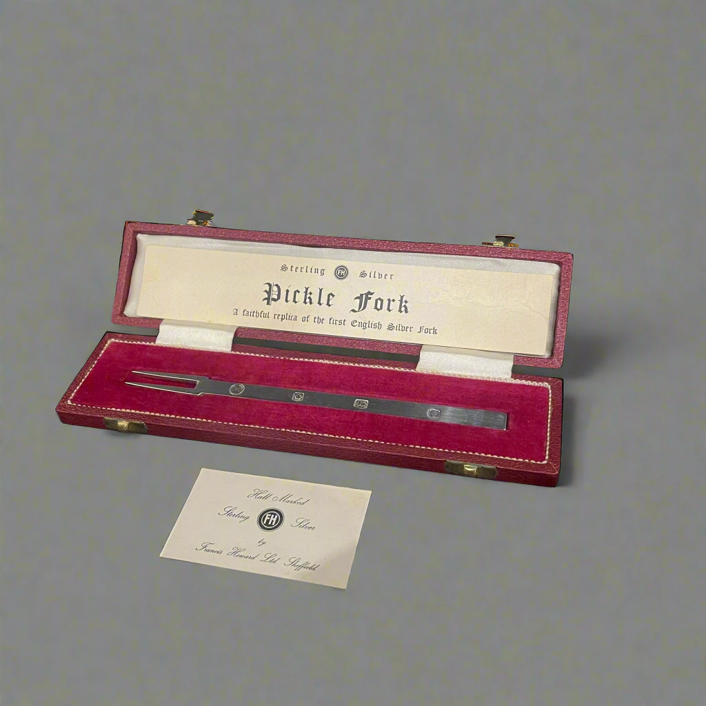 Boxed Elizabeth II silver 'Manners' pickle fork made in Sheffield 1980 by Francis Howard Ltd (replica of first English silver table fork)