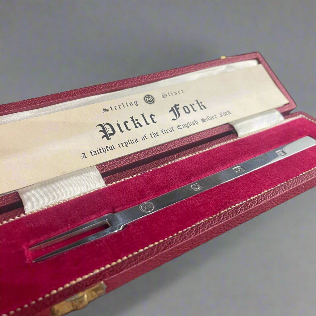 Boxed Elizabeth II silver 'Manners' pickle fork made in Sheffield 1980 by Francis Howard Ltd (replica of first English silver table fork)