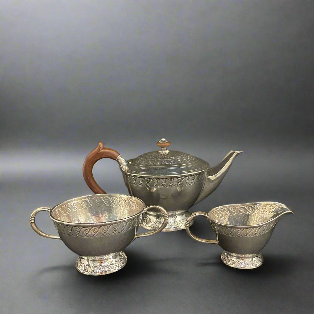 Three-piece silver Liberty design tea set made in Birmingham 1918 for Liberty and Co