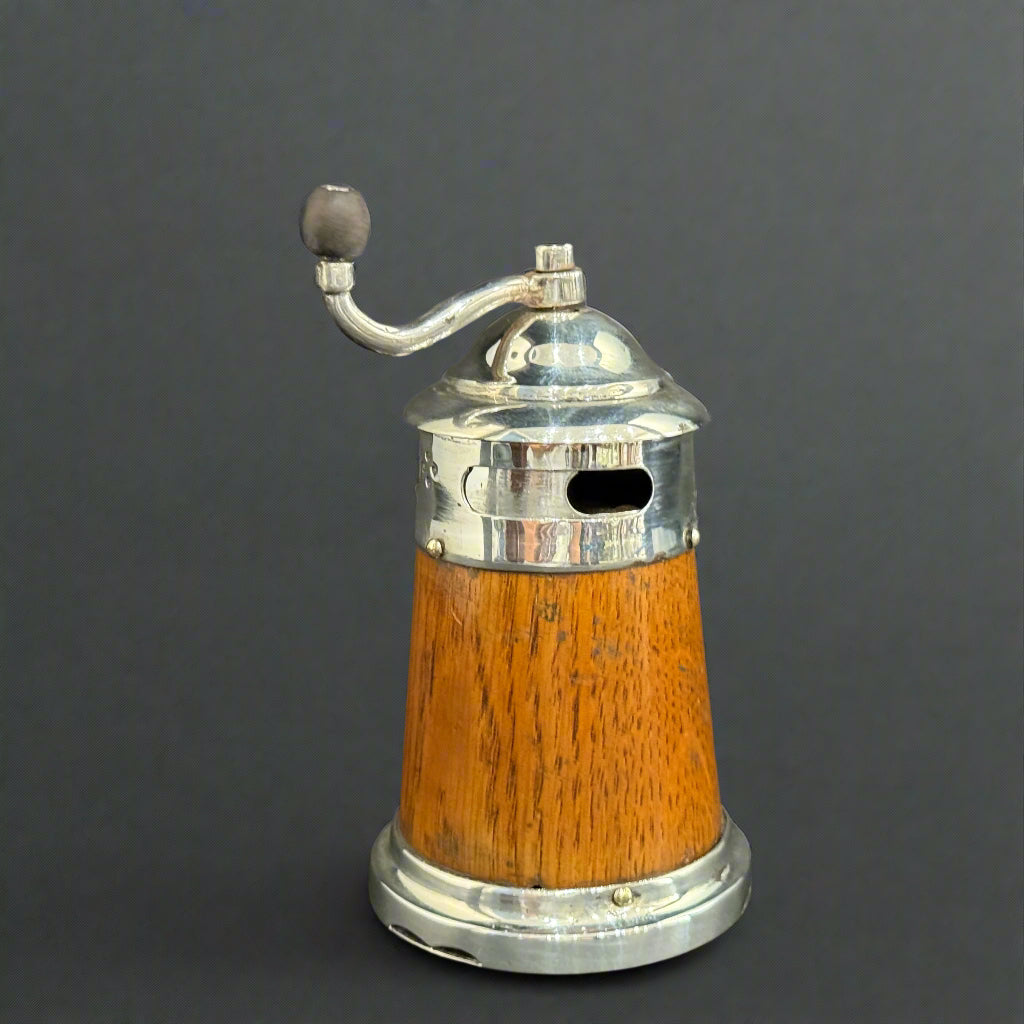 Rare silver and oak pepper pot of unusual post box design made in London 1879 by Holland and Gibson