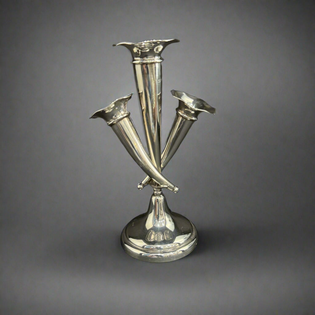 Triple trumpet shape bud vase made in Birmingham 1910 by William Hutton & Son