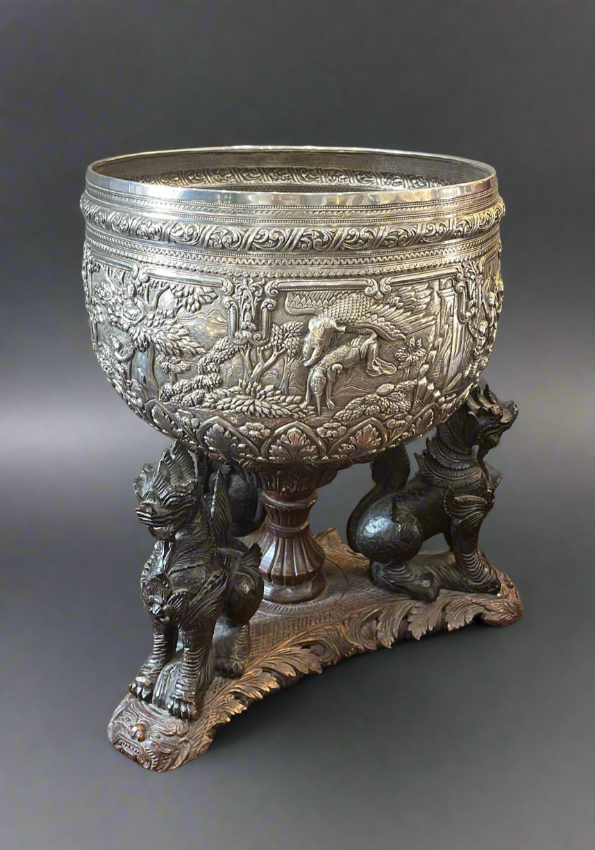 burmese silver bowl on teak stand