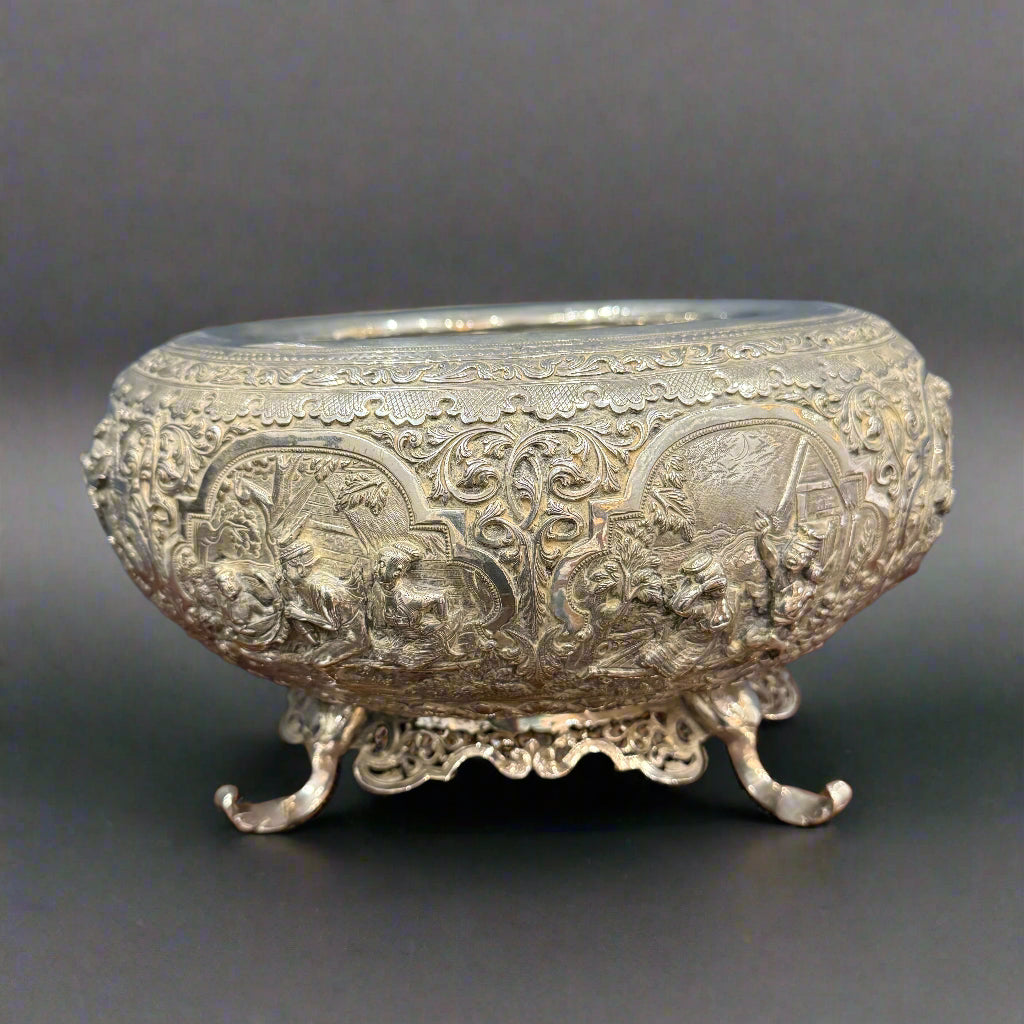 Large embossed silver burmese bowl