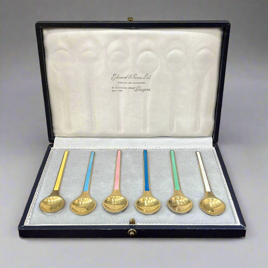 Set of six Danish enamel gilt spoons circa 1950
