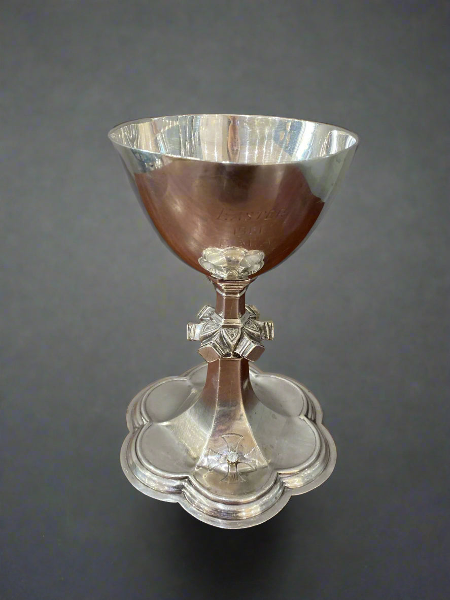 Silver chalice on a floral base with semi precious diamond stone made in Birmingham 1960 by A E Jones