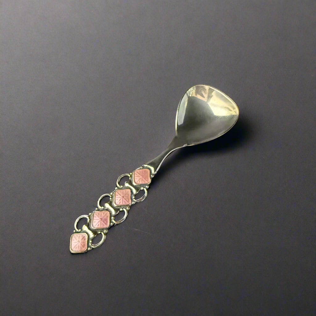 silver and pink enamel norwegian silver caddy spoon