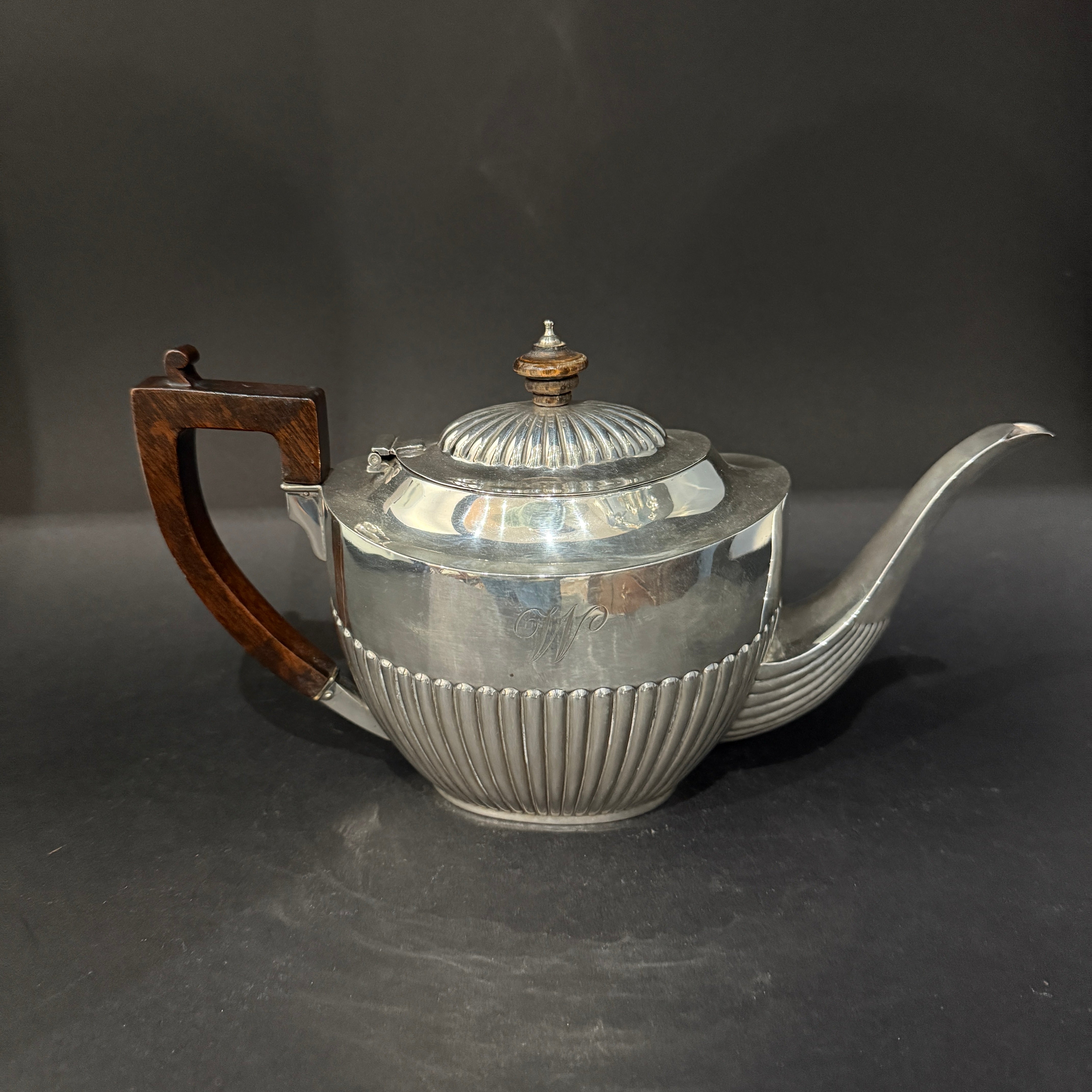 Large half fluted silver tea pot made in Canada circa 1970 retailed by Ryrie of Canada