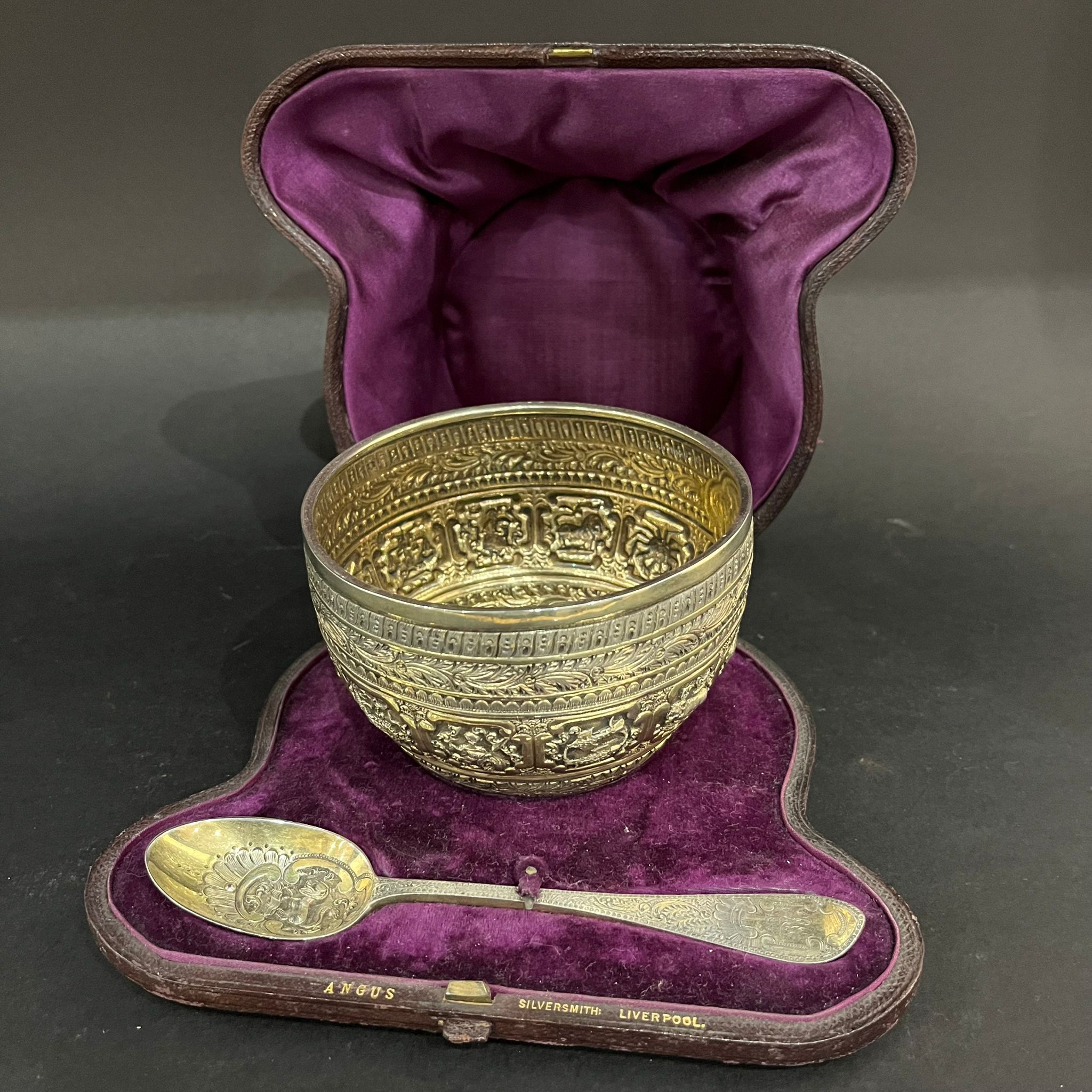 antique boxed parcel gilt bowl and spoon