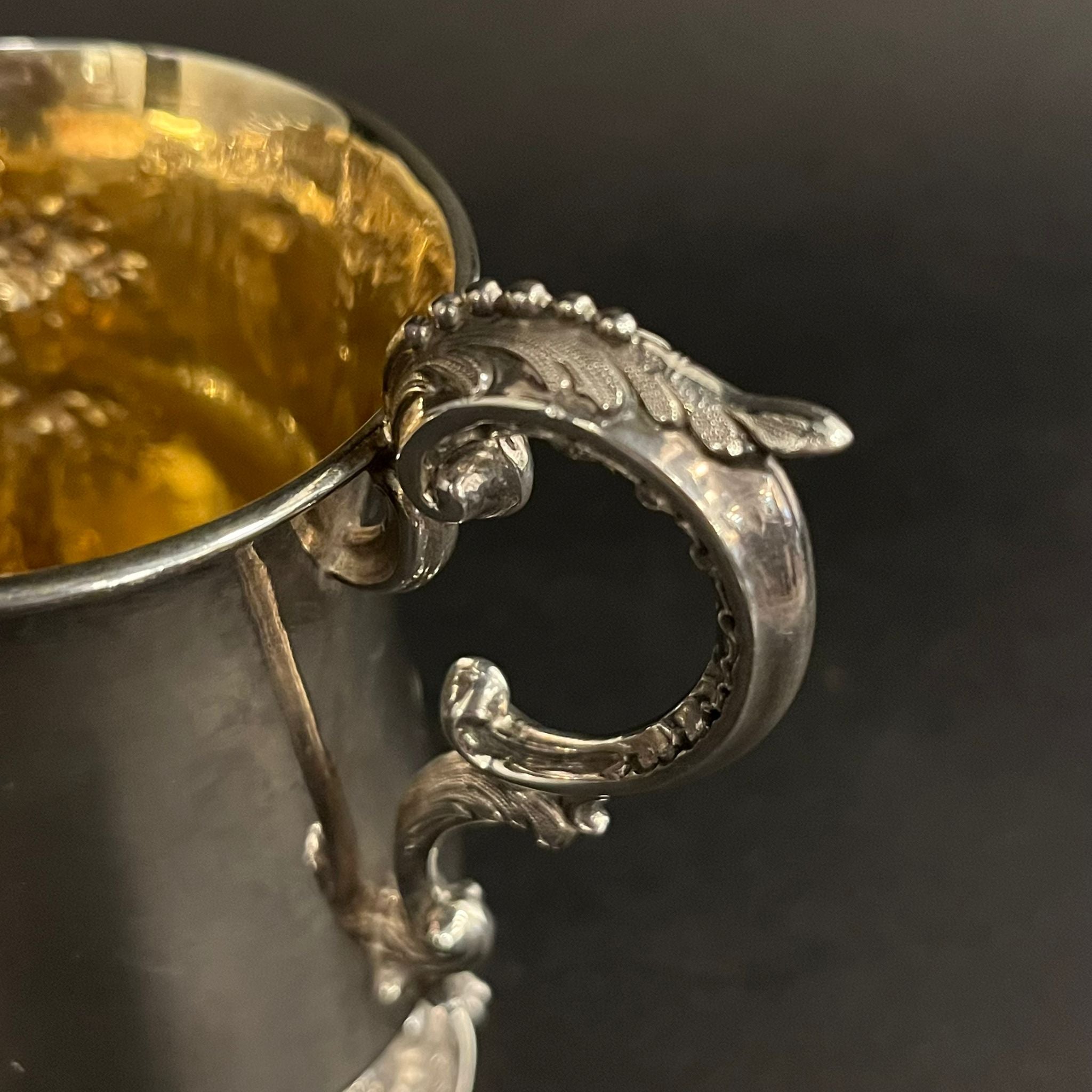 Silver christening mug with beautifully embossed scene of a boy and dog in a forest made in London in 1852 by Thomas Creswick