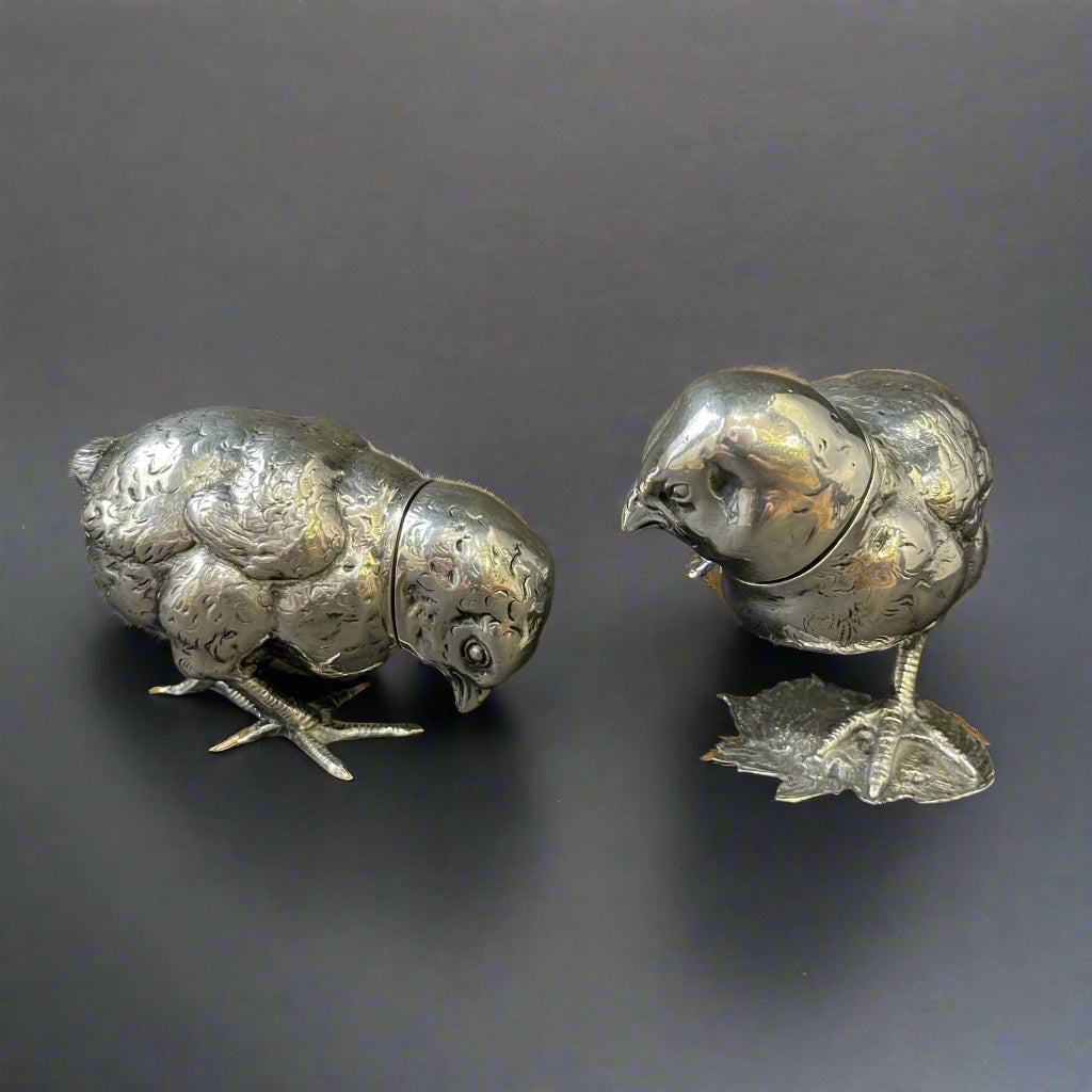 Pair of silver chicks made in Hanau, Germany circa 1920 most likely by Berthold Muller