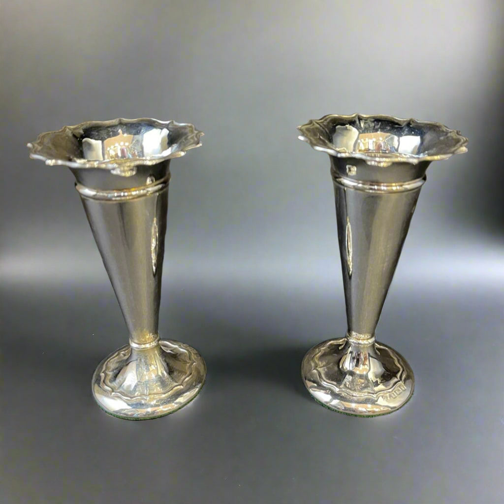 Matched pair of silver bud vases made in Birmingham 1945 by A & J Zimmerman Ltd 