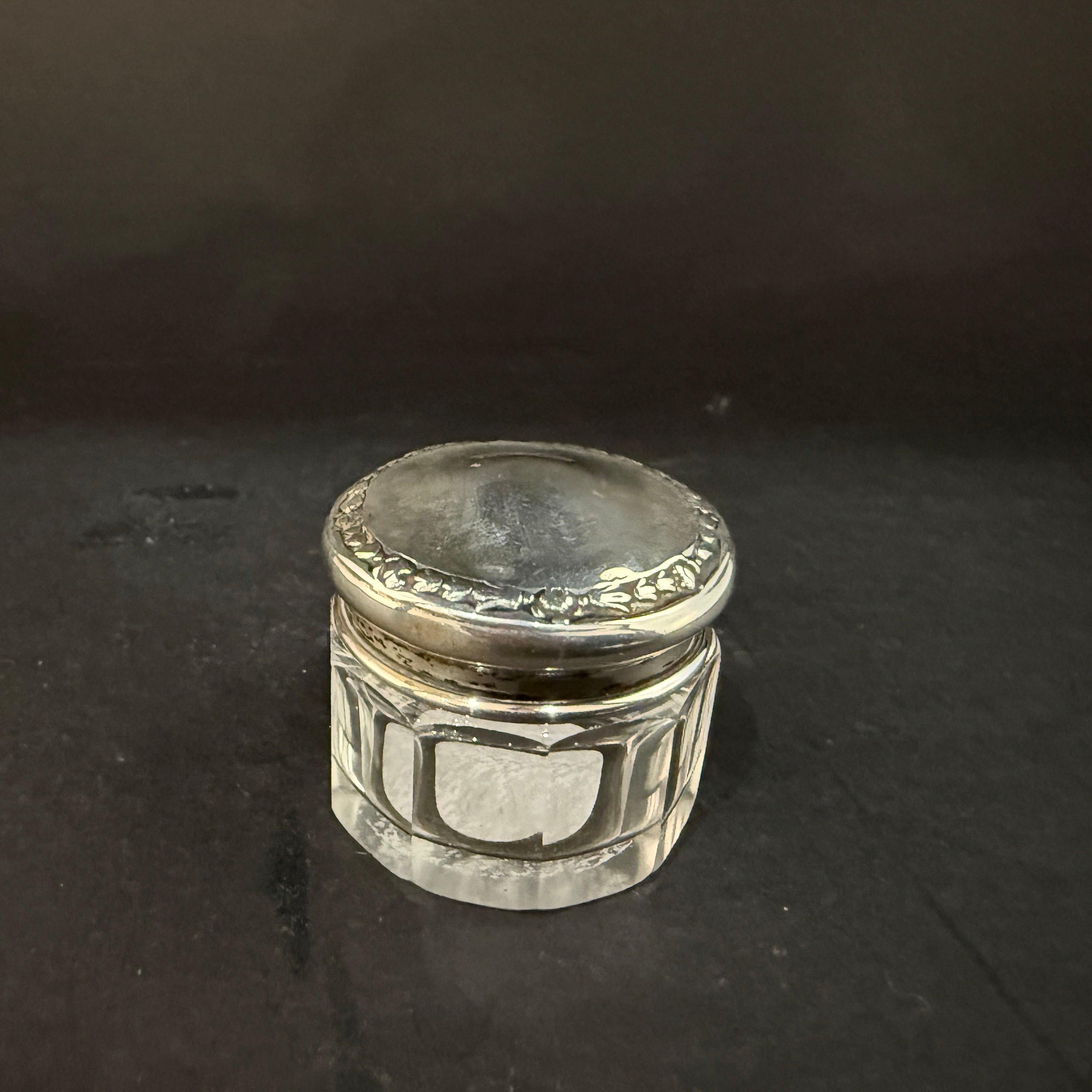 Small glass and silver rouge jar made in Birmingham 1911 