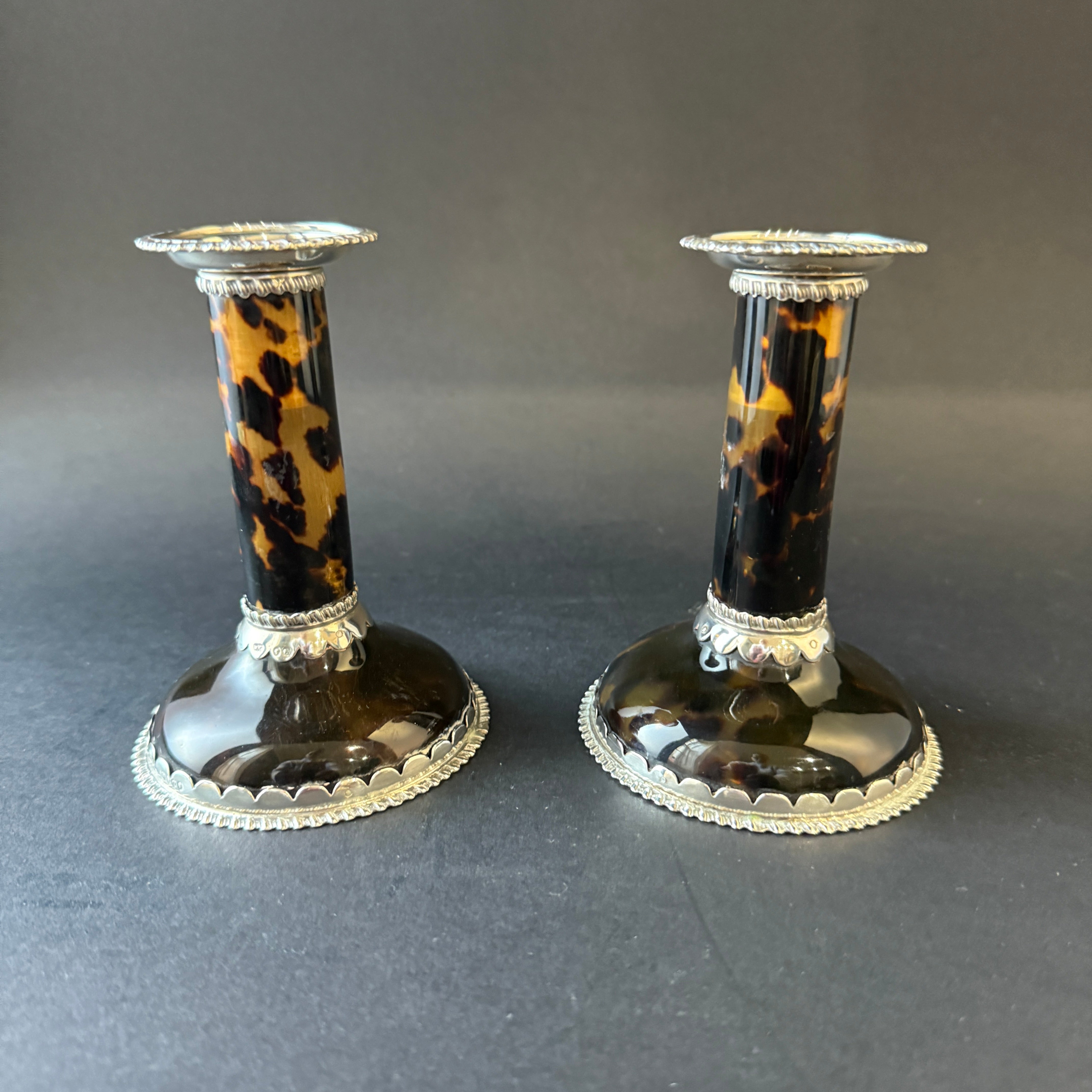 Pair of silver and tortoiseshell dwarf candlesticks made in London 1889 by William Comyns