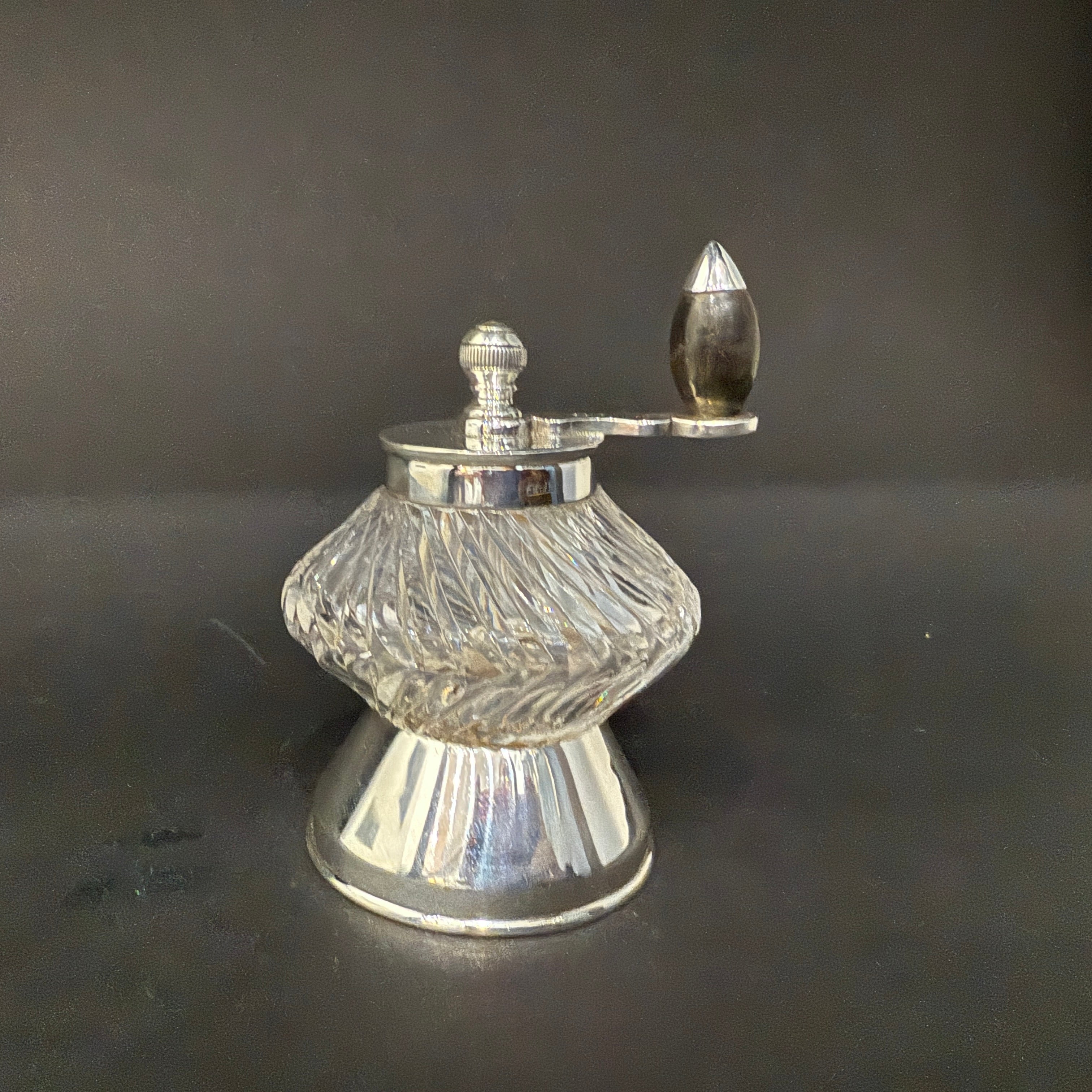Silver and glass pepper grinder with wood handle and Peugeot movement made in Birmingham 1904 by John Goffe & Son