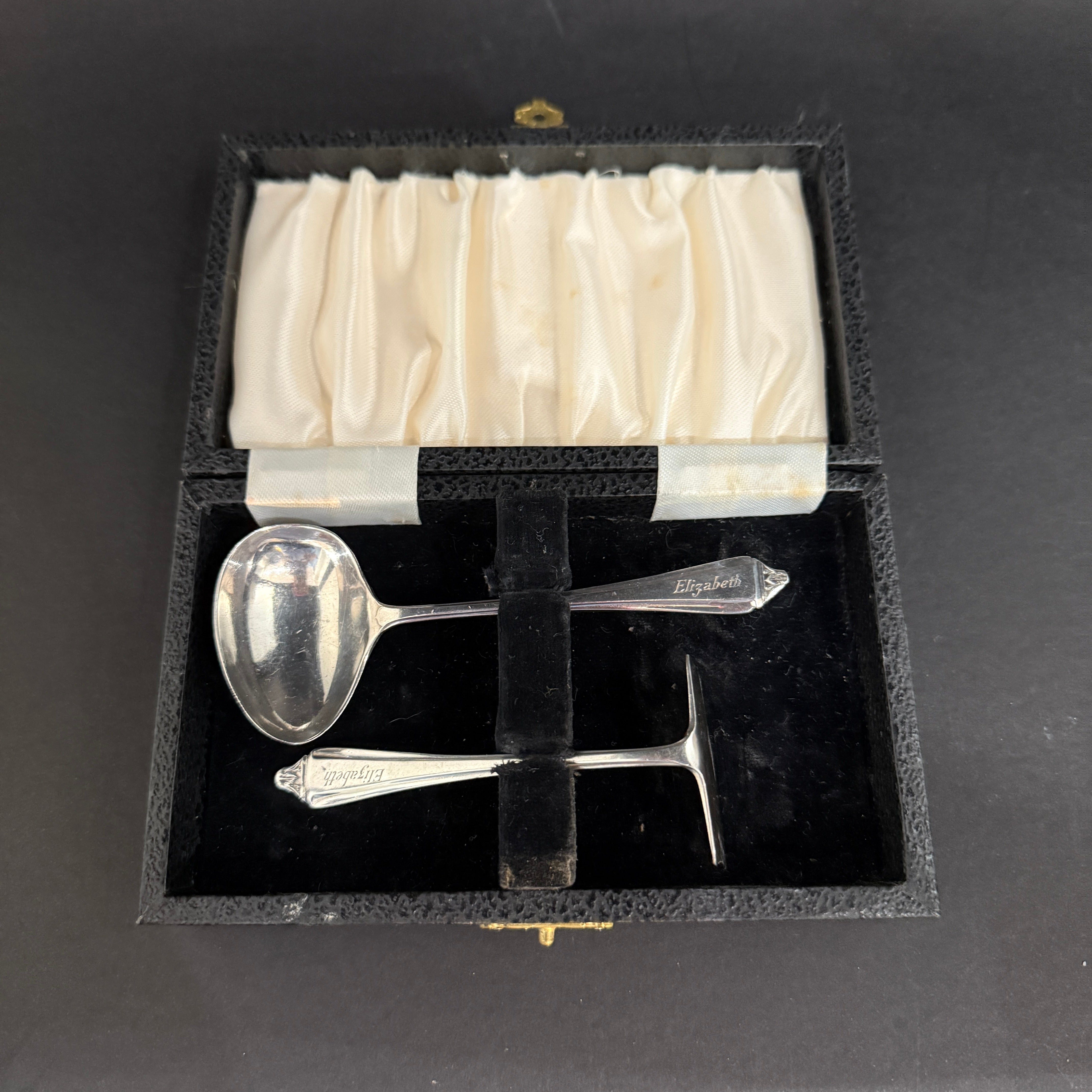 Boxed set of silver baby spoon and food shovel made in Sheffield 1949 by F&H Ltd