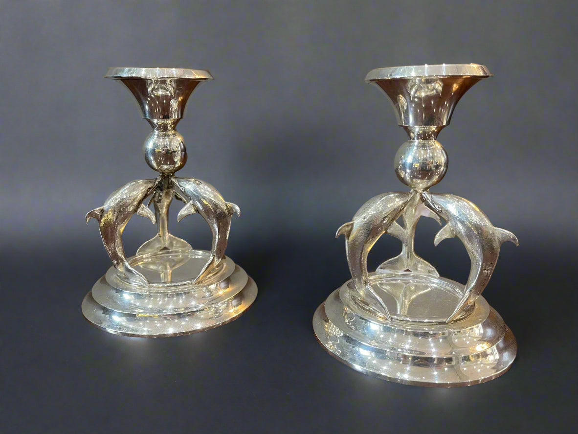 pair of silver dolphin candlesticks