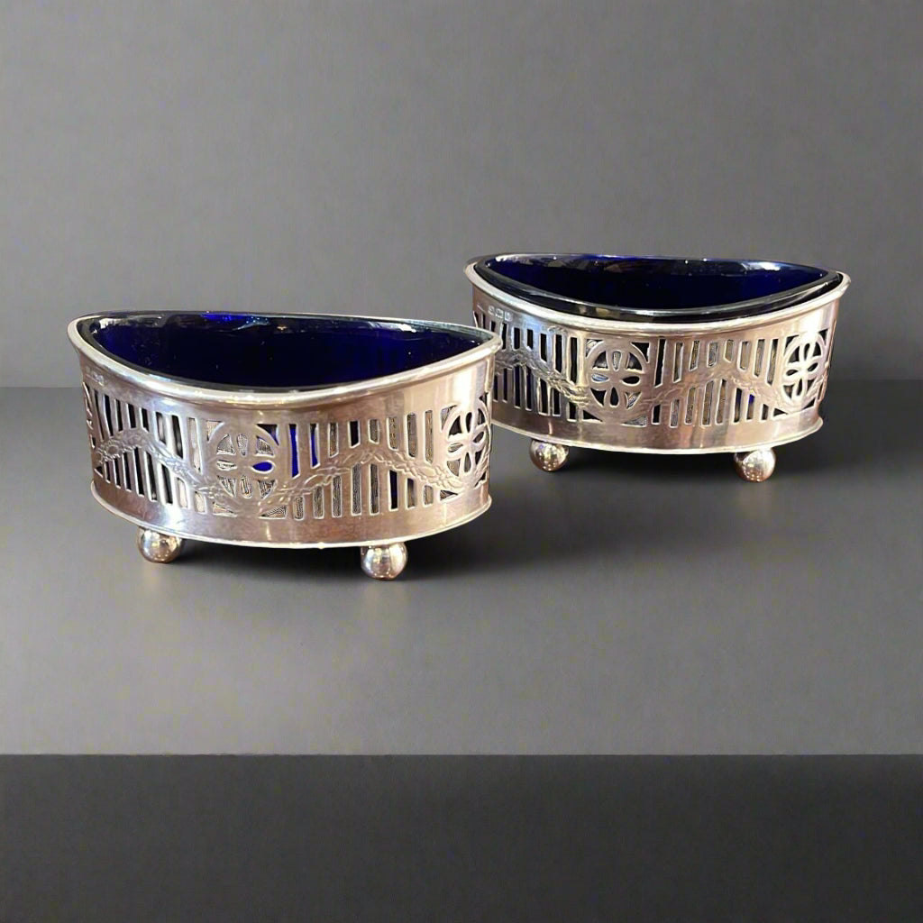 Pair of silver salts with original blue liners in Marquis form made by Birmingham 1908 by WJ Holmes