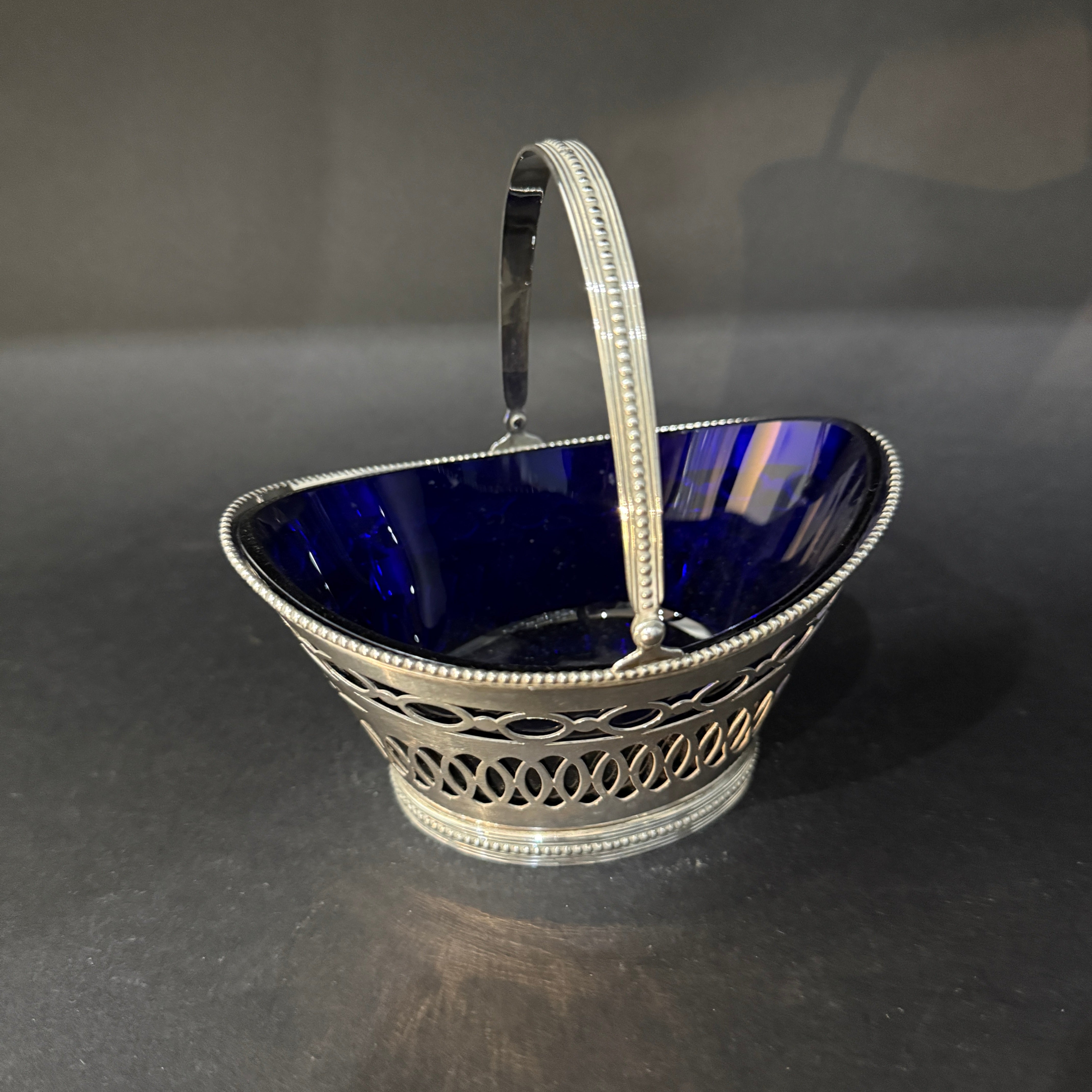 antique silver Sugar basket with blue liner circa 1850