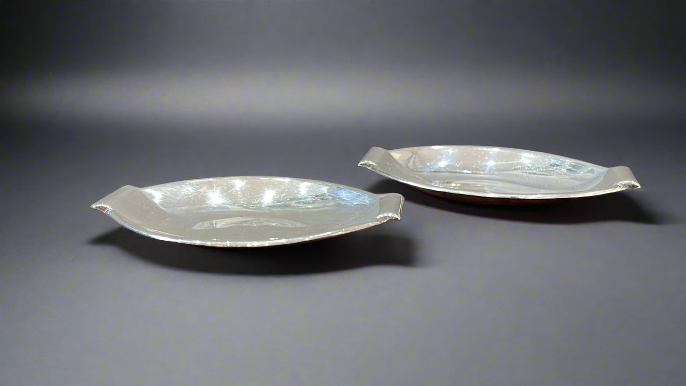 ⁠Pair of silver Art Deco boat shape bon bon dishes circa 1930