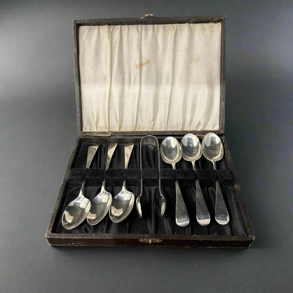 Adams silver teaspoons and sugar tongs