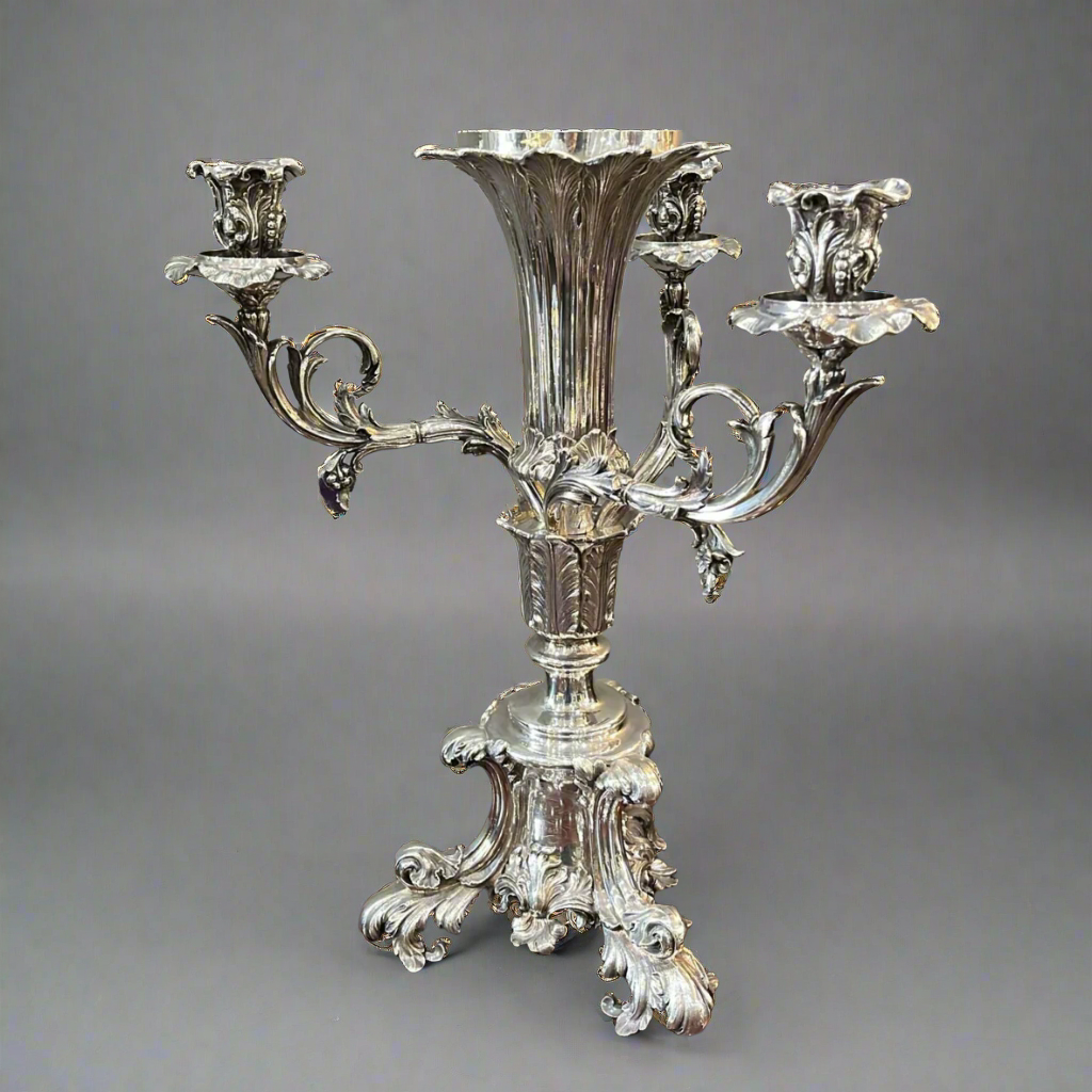 3 branch silver epergne with inscriptions from the middle temple