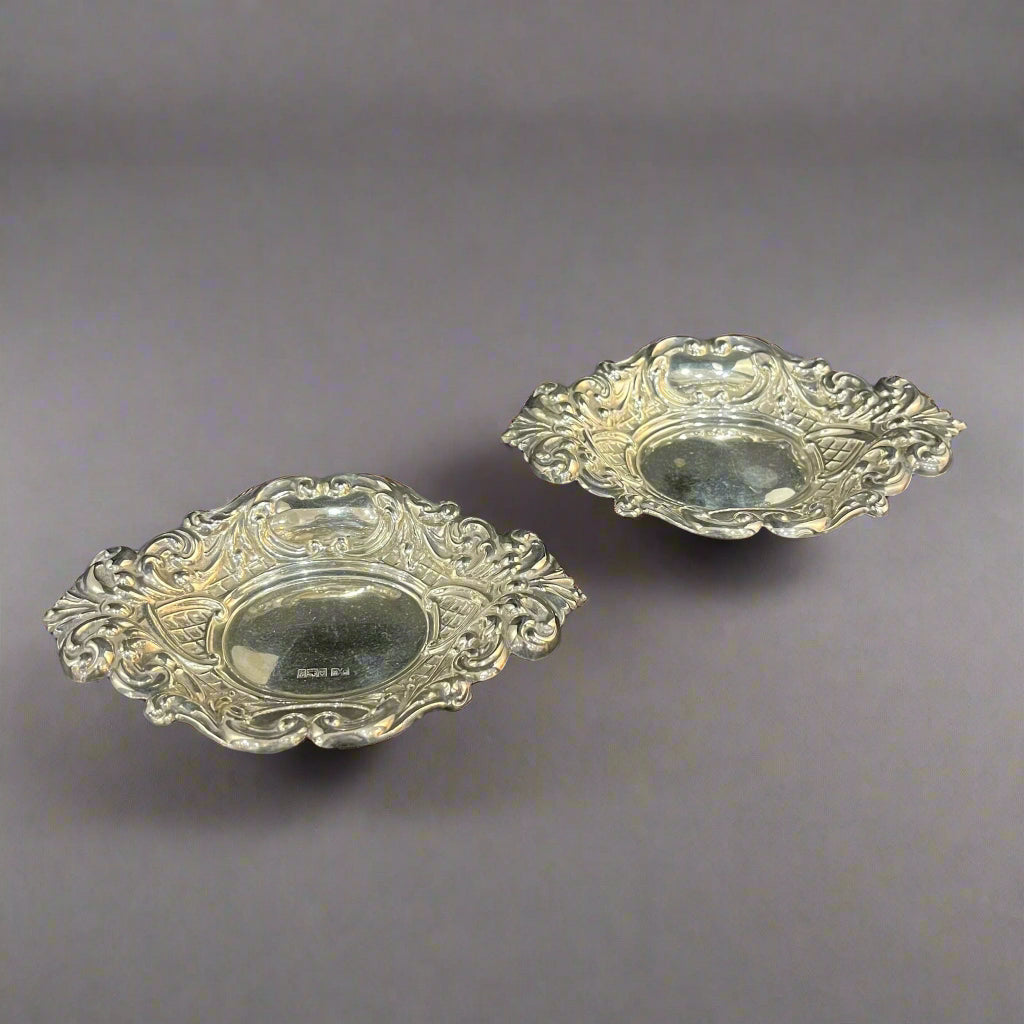 Pair of silver oval stamped bon bon dish Birmingham 1966